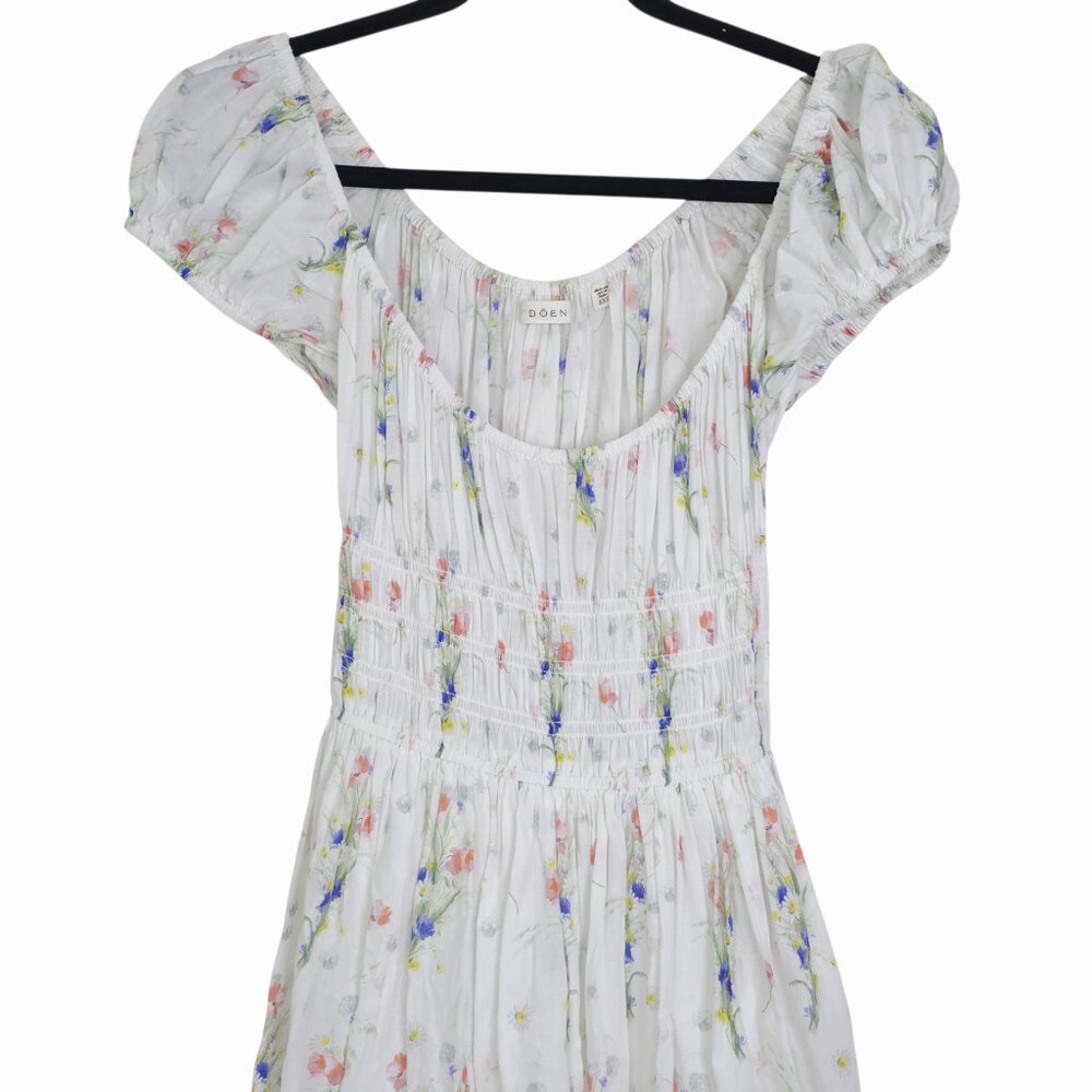 Doen Quinley Midi Dress Painted Bouquet White Floral Puff Sleeve Size XXS - Picture 5 of 10